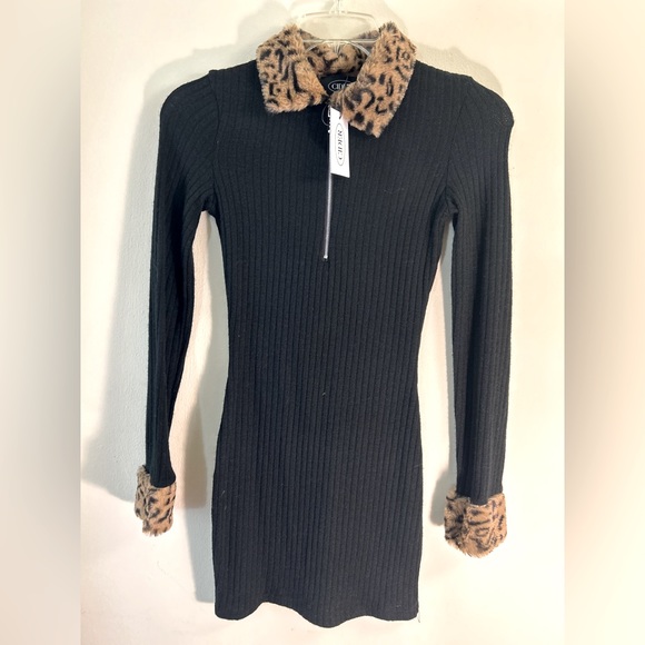 Cider brand faux cheetah print fur lined tight black dress NWT - Picture 1 of 5